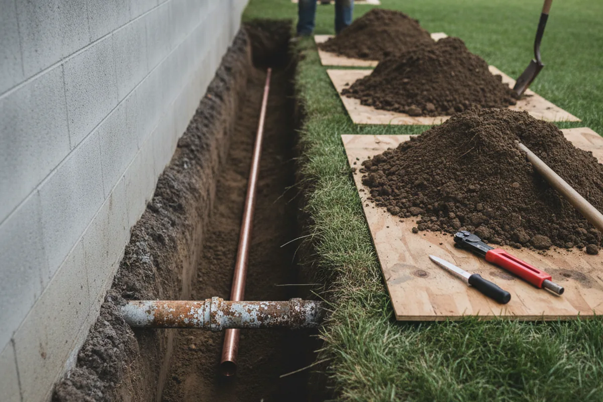 Excavated water line trench during Water Softener Installation in Union